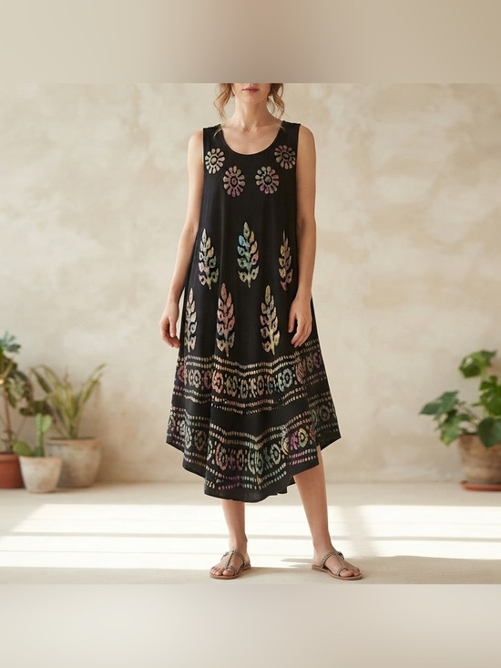 India Boutique Dresses & Skirts - India Boutique Black Batik Printed Flowy Dress Boho Floral Sundress One Size